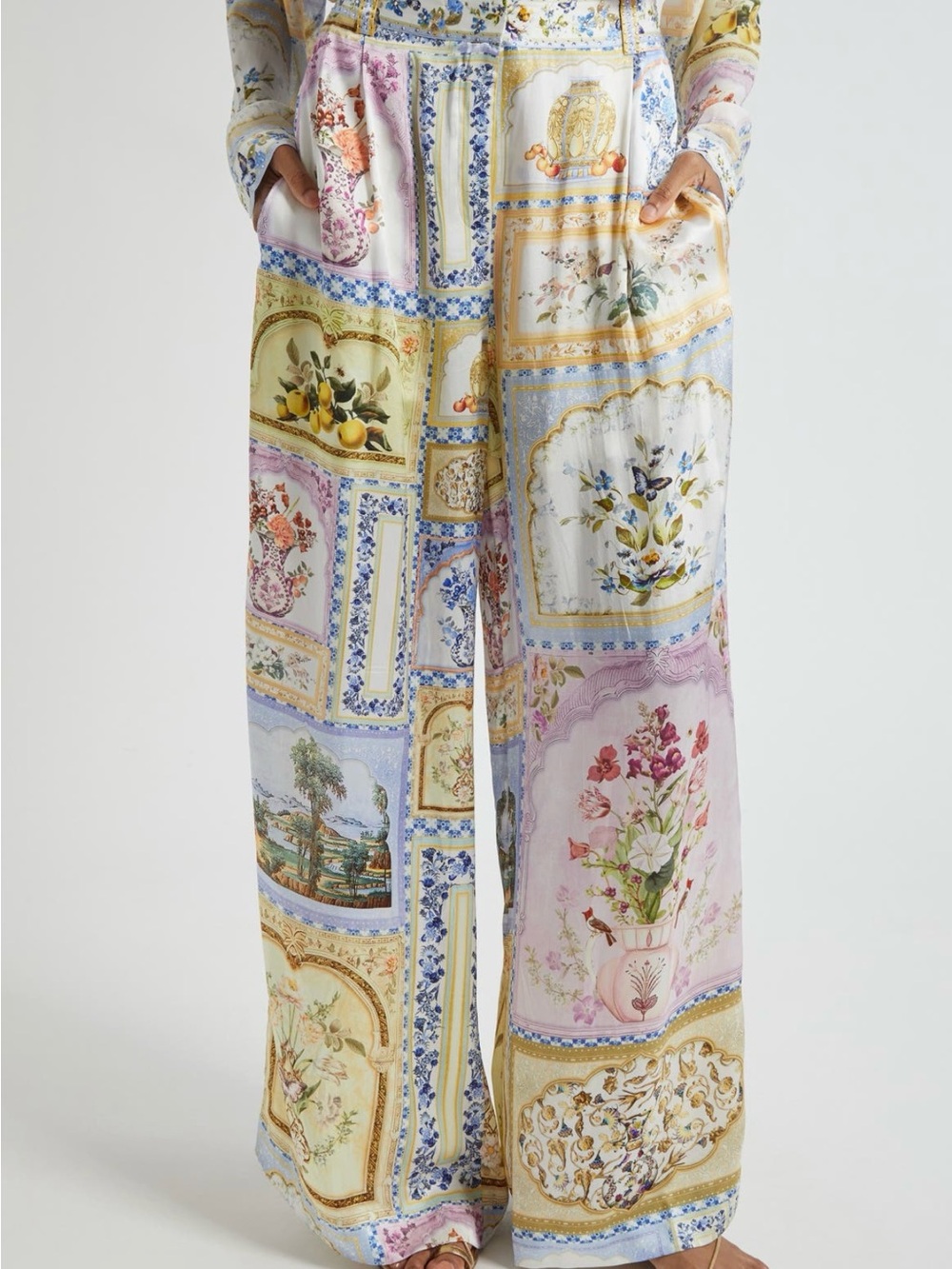 Camilla Silk Botanical Ballads Wide Leg Pants in Blue, Pink, Cream & Gold Sz XS